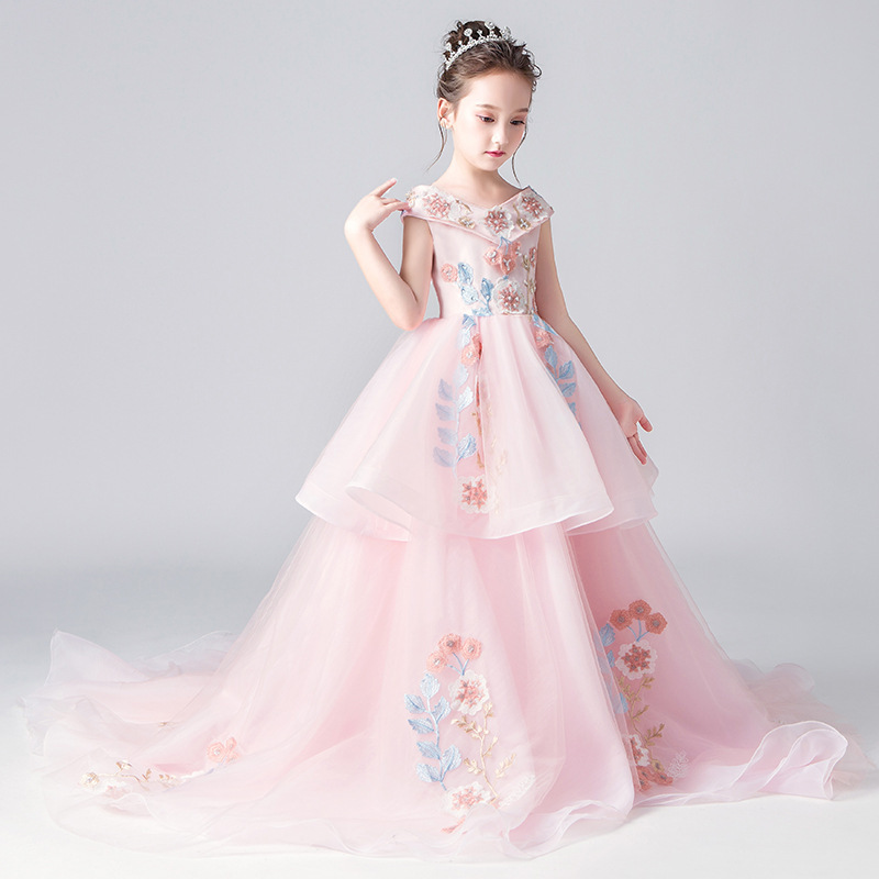 

Flower Girl Dresses 2021 V Back Puffy Court Train Lace Appliqued Sheer Long Train Luxury Sparkly Sequin Pink Princess Gowns Girls Pageant Dresses