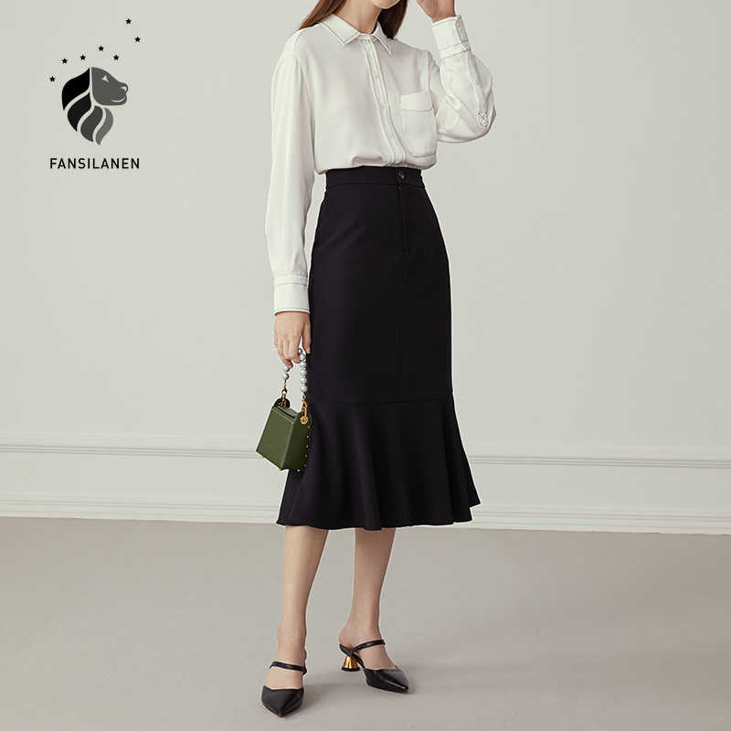 

FANSILANEN Elegant high waist black trumpet skirt Women ruffle vintage long plaid Bodycon office mermaid checkered 210607