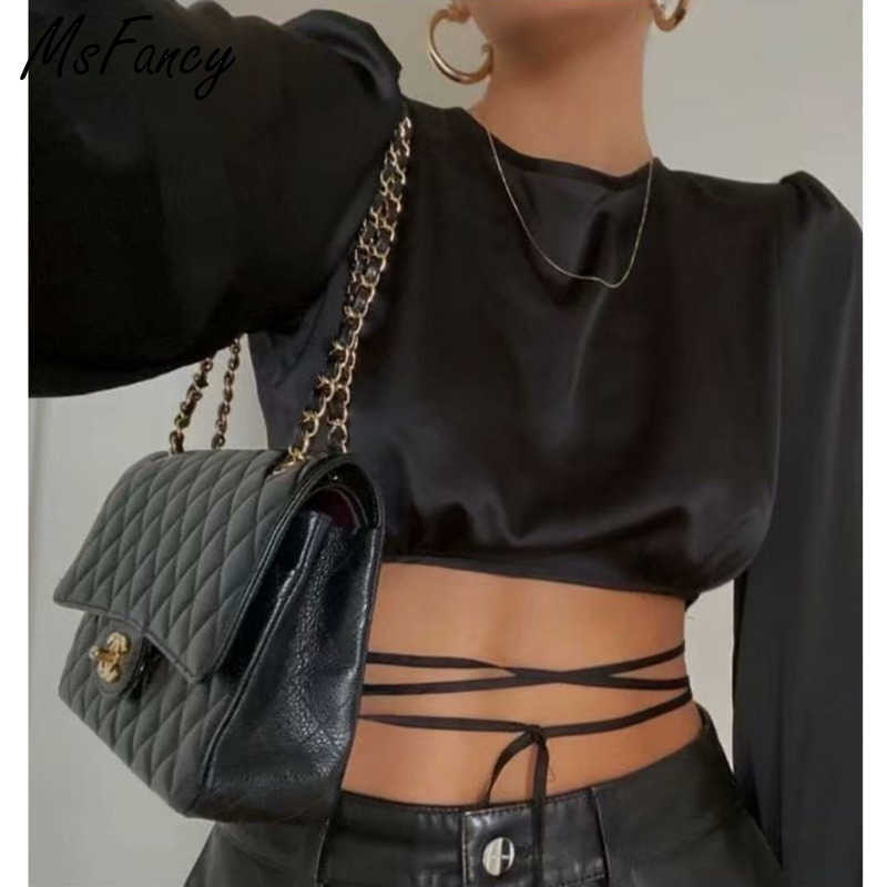 

Msfancy Summer Long Sleeve Blouse Women Backless Bandage Sexy Tops Mujer Elegant Shrug Puff Sleeve Crop Blusas 210604, White