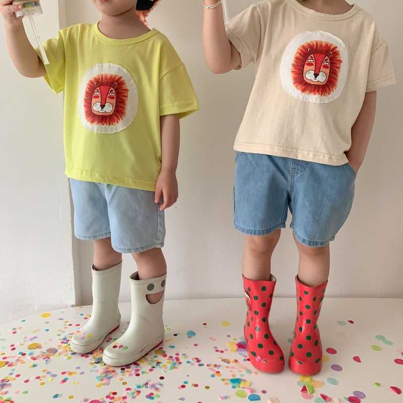 

Korean style summer children cartoon T shirts boys and girls cotton lion printing short sleeve Tees Tops 210615, Beige apricot