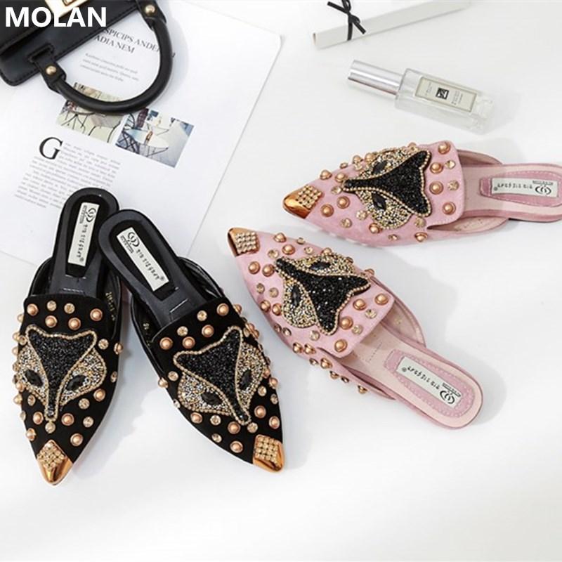 

Size 35-40 MOLAN Brand Designer Black Pink Crystal Animal Flat Slippers Socofy Shoes Slip On Loafers Mules Flip Flops Outside
