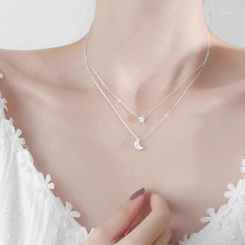 

Sterling Silver Star Moon Necklace For Women Double Layer Elegant CZ Clavicle Chain Jewelry Chains