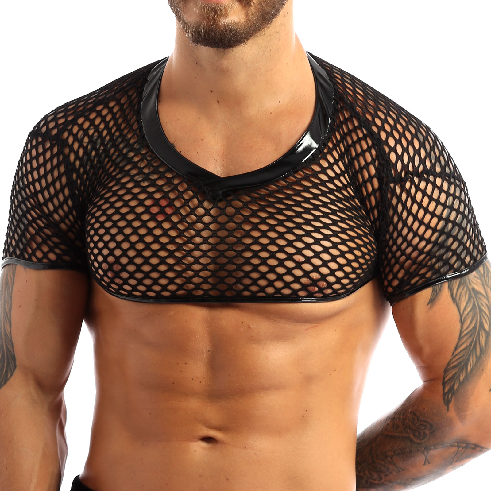 

Mens Lngerie Fishnet Mesh Tank Top Short Sleeve V-neckline Hem Trimmed in Faux Patent Leather Vest Erotic Sexy Muscle Crop Top