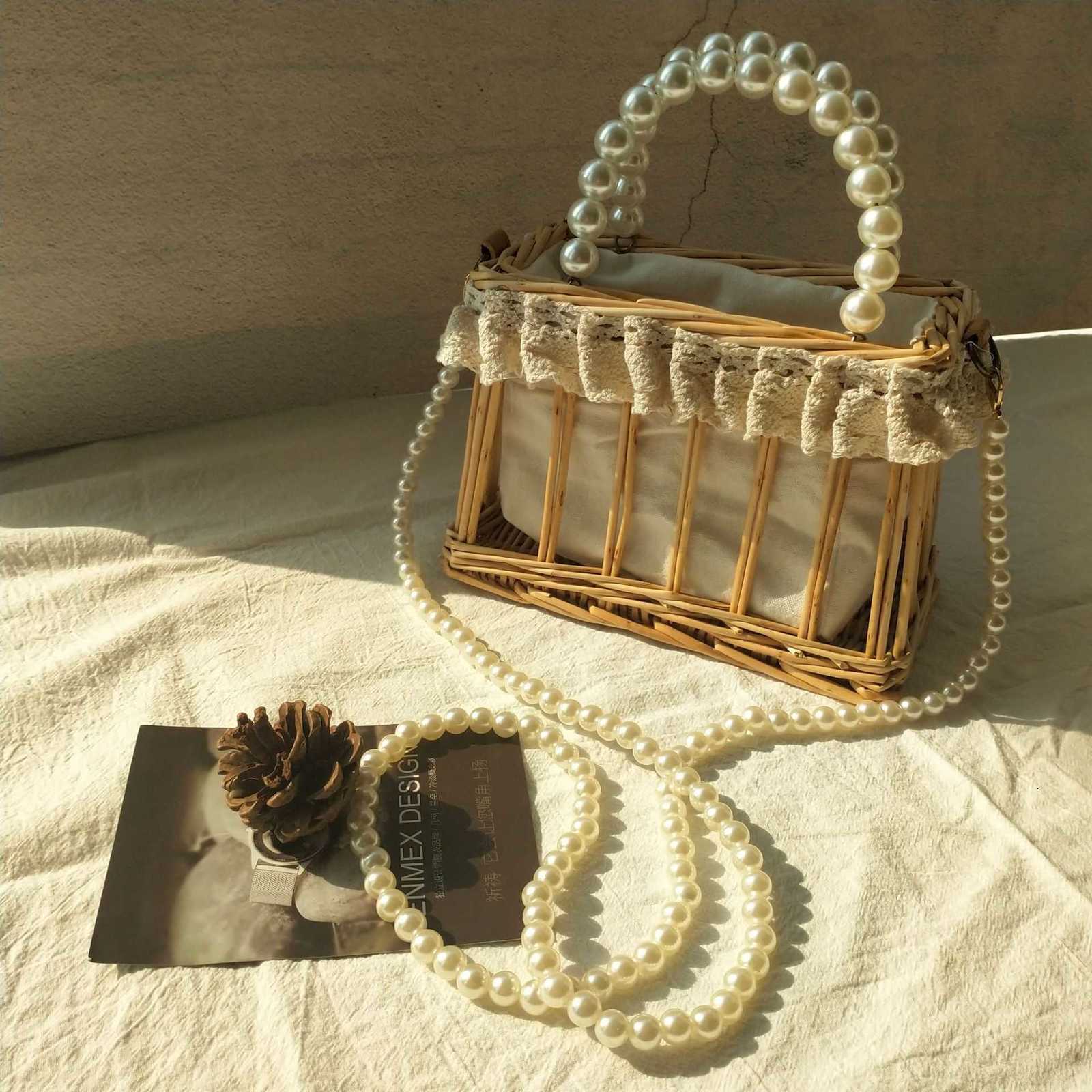 

Homemade Pearl Straw Rattan Woven Hollowed Out Hand-held Women's Holiday Small Square Bag, One Shoulder, Sky blue
