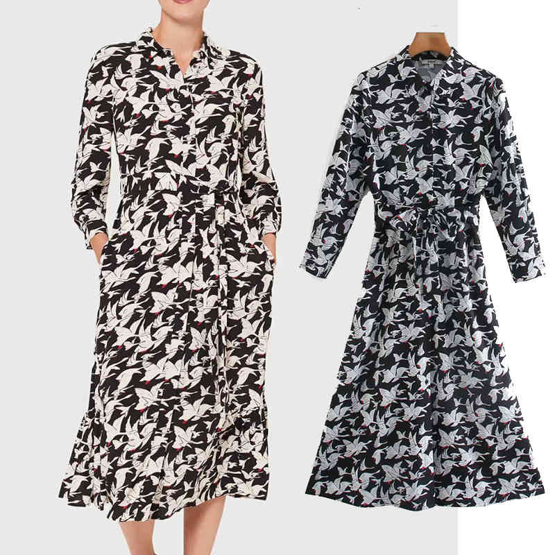 

Casual Dresses women Fashion swan printing Elegant Sashes Ladies Long Sleeve Slim Vestidos long Dress GZBB, Black