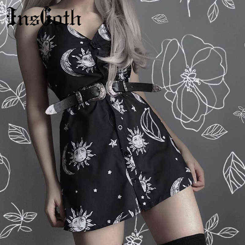 

InsGoth Women Black Mini Dress Gothic Punk Sun Moon Printed Elegent Casual Loose Spaghetti Straps Aesic Vintage Female Dress G1223