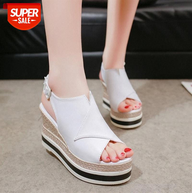 

Wedge heel sandals women's thick-soled Korean version of the word buckle with platform soles fashion high heels #zI3n, Black