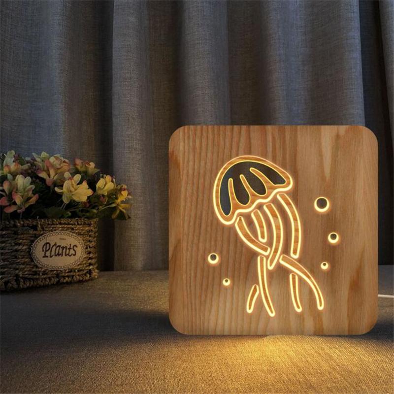 

Night Lights Ins Wooden Jellyfish Lamp Animal USB LED Table Christmas Wood Light For Children Kids Room Year Decoration