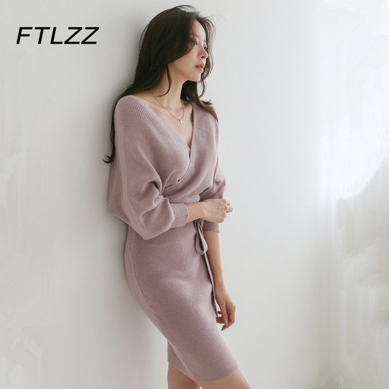 

Women Vintage Sweater Dress Spring Autumn Sexy V Neck Backless Short es Ladies Elegant Knitted Bodycon Vestidos 210602, Black