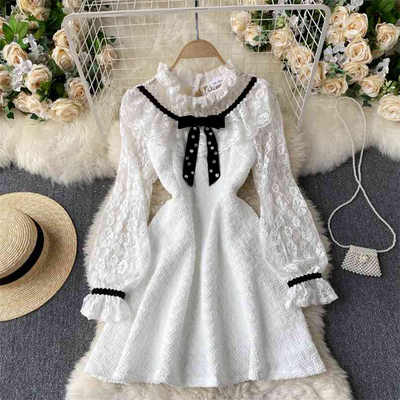 

Korean Fashion Women Lace Mini Dress Fairy Sweet Female Party Elegant Autumn Full Sleeve Hollow Out Chic Vestidos 210603, White