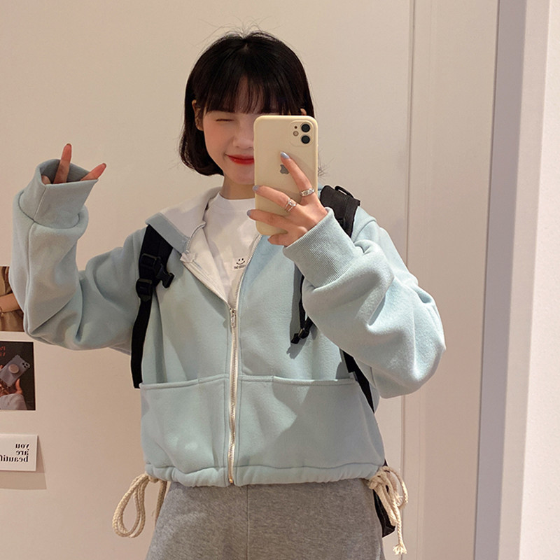 

5 colors 2021 Women Preppy style Autumn Winter Hoodie Coats Warm Zipper Jacket Clothing Tops Female short Coat womens (F4208), Black;brown