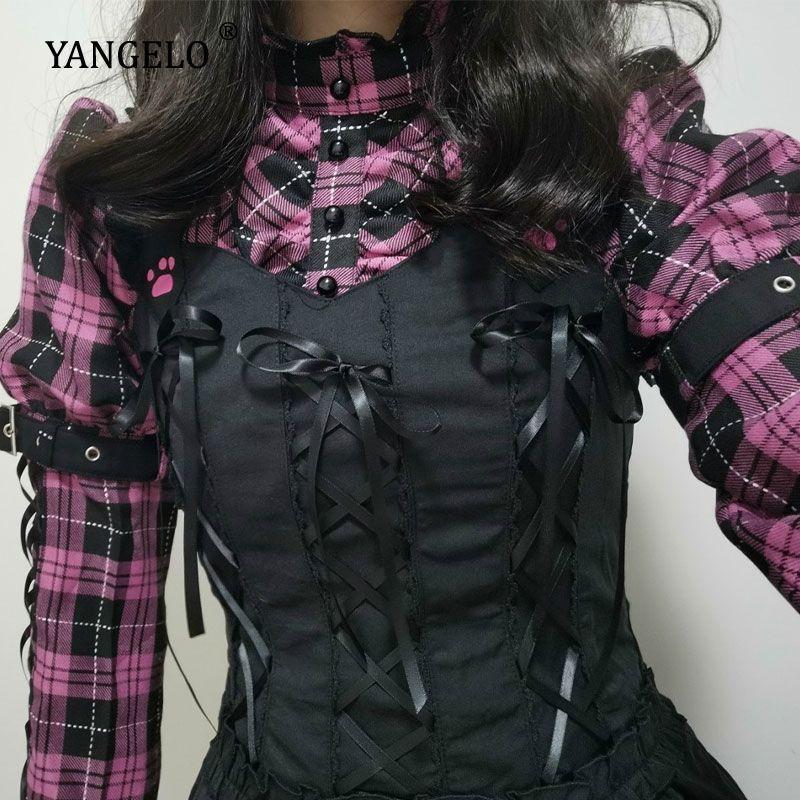 

Casual Dresses Y2k Egirl Gothic Goth Lolita Dress Streetwear Women Japanese Harajuku Plaid Dark Kawaii Cute Mini Detachable Sleeve Short, Pink