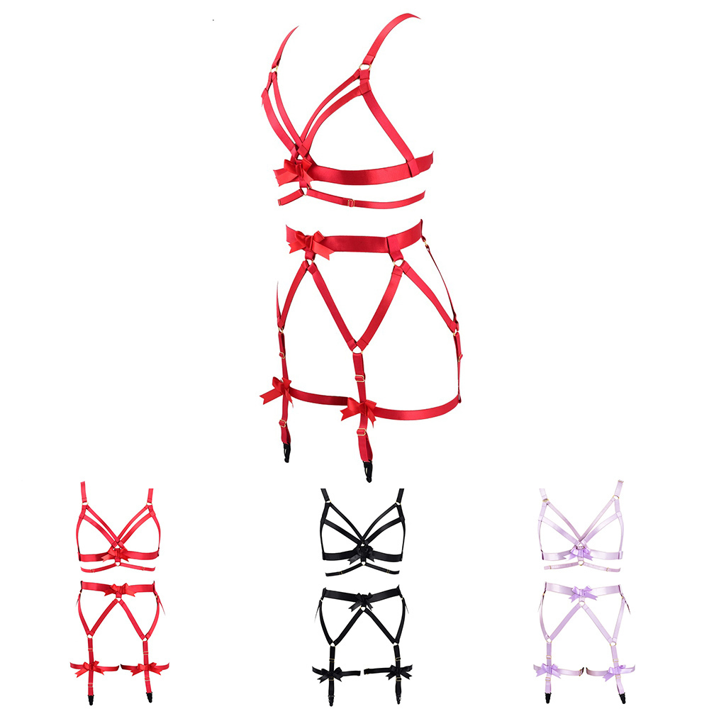 

HANAERNES Womens Full Cage Body Suspender Lingerie Garter Festive Costume Crop Top Bra Gothic Strap Tricolor Flower Decoration