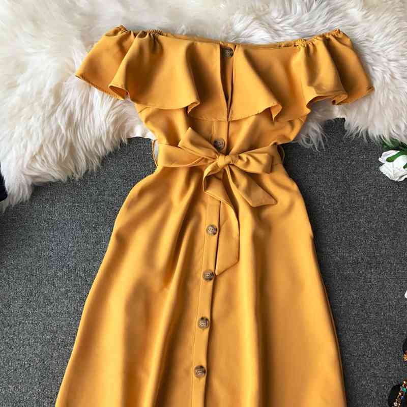 

Female Summer Fashion Spring Single Breasted Dress Slash Neck Bandge High Waist Medium Long Ladies 210520, Black