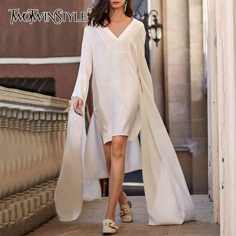 

Elegant Loose Summer Dress Women V Neck Flare Long Sleeve Side Split High Waist Asymmteircal Dresses For Female 210520, White