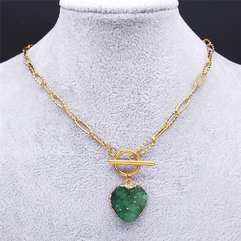 Pendant Necklaces Stainless Steel Green Natural Stone Pendants Women/Men Gold Color Chokers Jewelry Collar Choker ND58S04-image-710268329