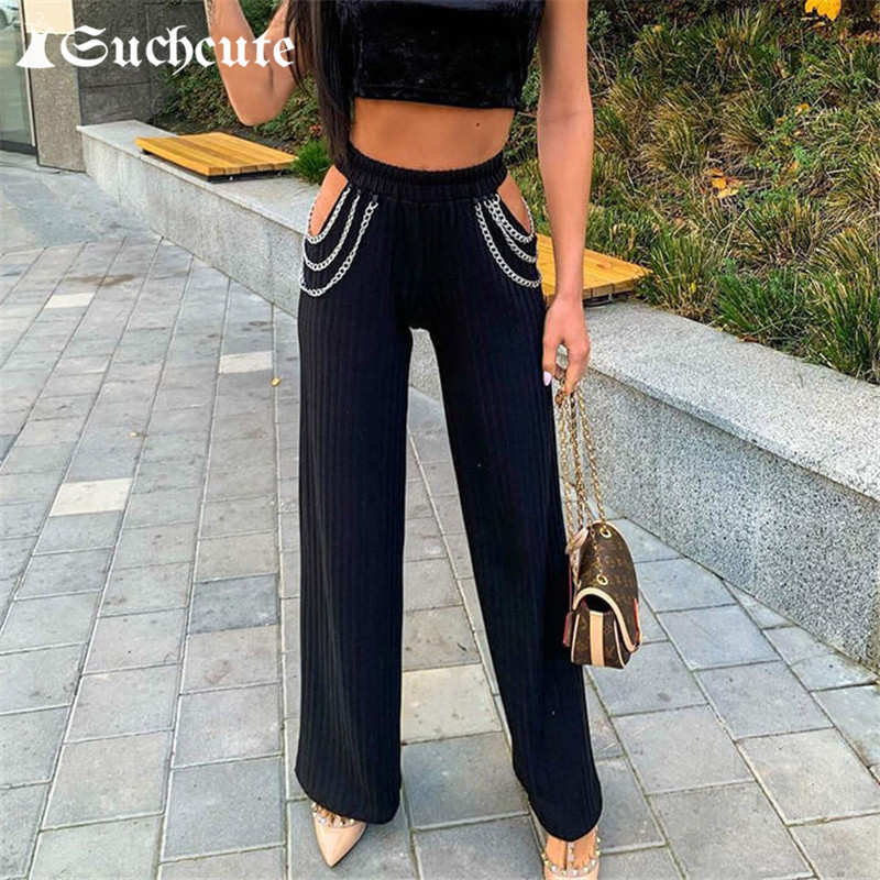 

Women' Pants & Capris Goth Aesthetic Chain Hollow Out Black Joggers Dark Academia Fashion Wide Leg For Women Gothic Baggy Trouser