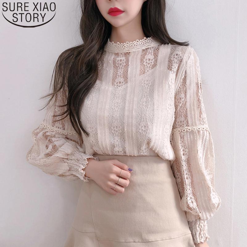 

Women's Blouses & Shirts 2022 Women Lace Hollow Out Spring And Autumn Ladies Tops Femininas Blusas Elegant Lantern Sleeve Casual 6899, White