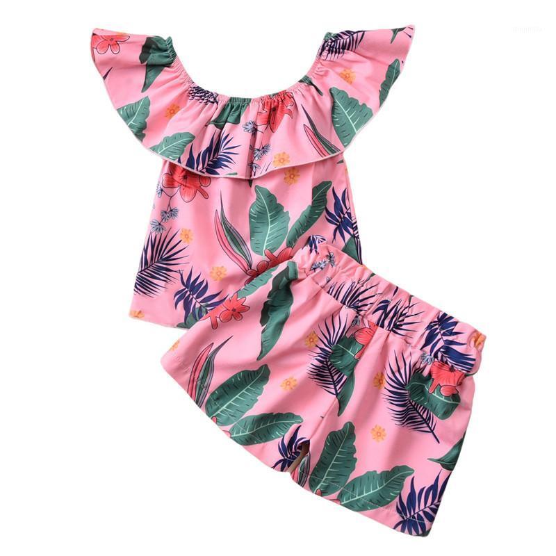 

1-6 Years Kid Girls Summer Set Flower Leaves Printed Elastic Off Shoulder Neck Ruffle Pink Blouse Short Pant Outfits Clothing Sets, White