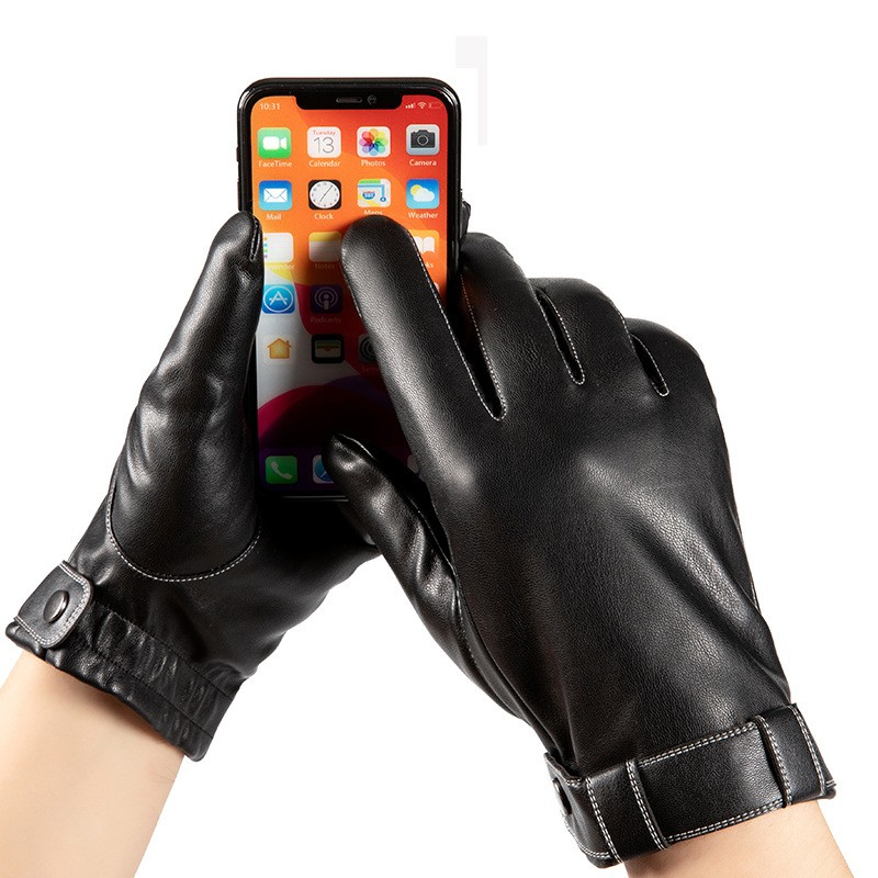 

New Cool Soft Coral Velvet Lining Touch Screen Leather Gloves for Men Gift