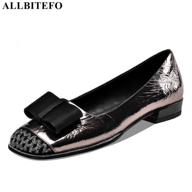 

ALLBITEFO fashion bowtie genuine leather low-heeled comfortable women shoes thick heels office ladies shoes spring women heels 210611, As picture