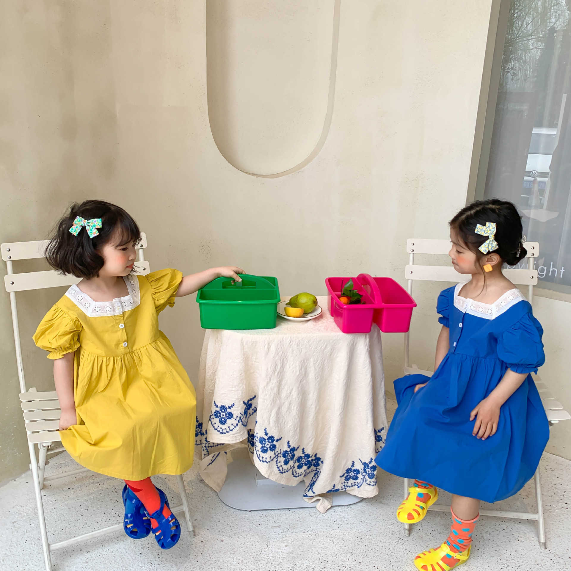 

Girls lace patchwork square collar dresses children loose casual short sleeve princess dress 1-6Y 210615, Yellow