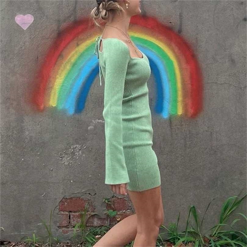 

Sexy Women Square Collar Knit Slim Mini Dress Elegant Full Sleeve Lace Up Lady Thin Sweater Autumn Femme Outdoor Vestido 211109, 01 green