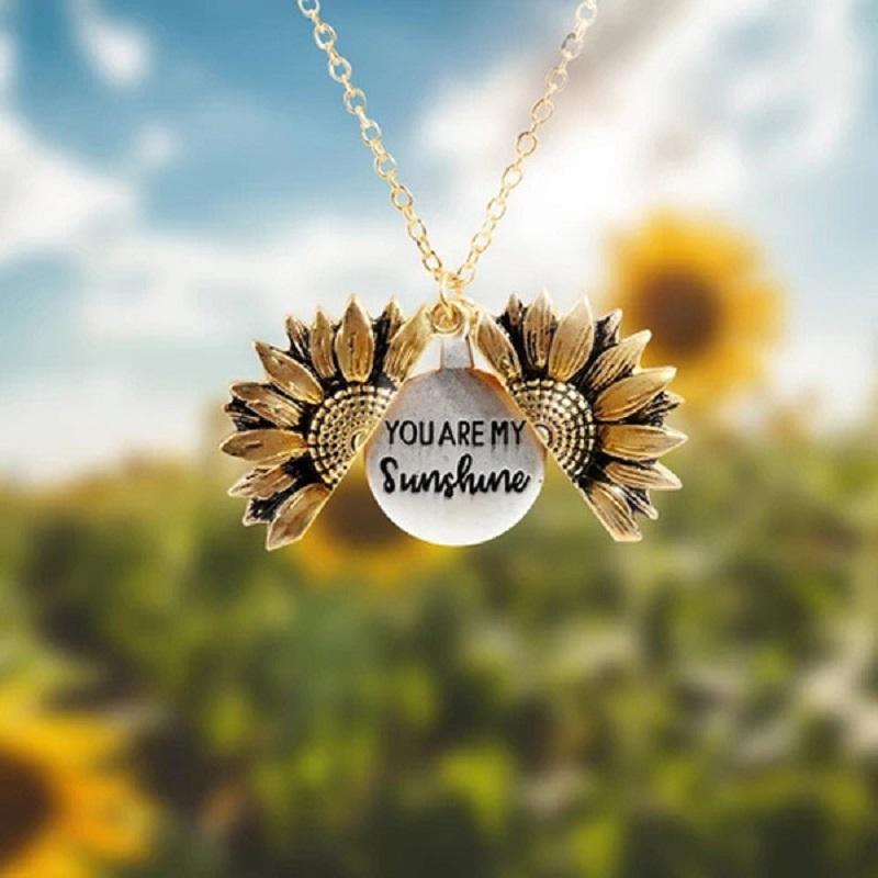 

Fashion Women Gold Necklace Custom You Are My Sunshine Open Locket Sunflower Pendant Chains, Silver