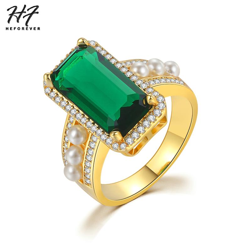 

Band Rings Luxury Jewelry Ring For Women Vintage Yellow Gold Color With Green Crystal & Imitation Pearl Fashion Party LoverR806, Silver