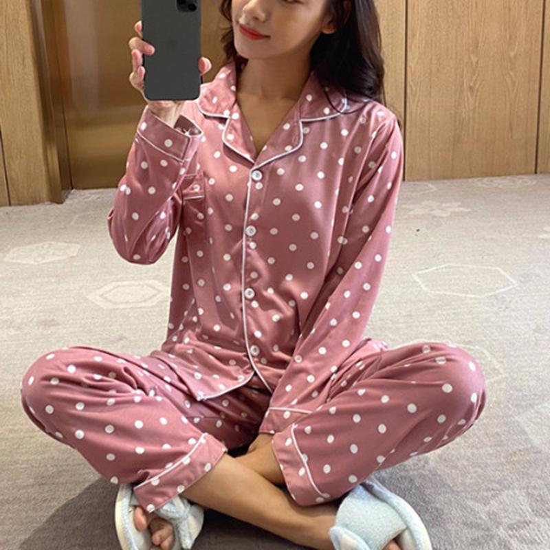 

Women's Sleepwear Women Casual Pajamas Set Long Sleeve Cute Lapel Plaid Nightdress Cardigan Lady Plus Size Autumn Homewear Nighties, Pink