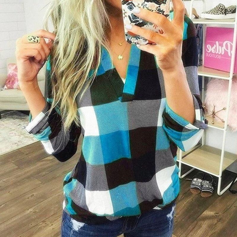 

Women' Blouses & Shirts Spring Autumn Cotton Shirt V-Neck Long Sleeve Pullover Plaid Print Loose Fashion Office Lady, Green