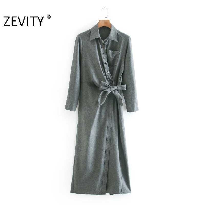 

Zevity Autumn Women Fashion Solid Color Breasted Bow Tied Midi Shirt Dress Lady Chic Long Sleeve Casual Business Vestido DS4576 210603, As pic ds4576xn