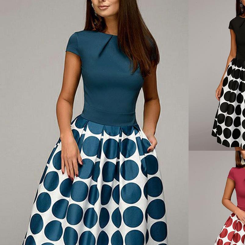 

women dress arrival polka dot patchwork short sleeve round neck slim fits midi swing wholesale, Black;gray