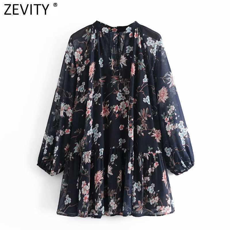 

Zevity Women Fashion V Neck Floral Print Pleats Chiffon Mini Dress Female Chic Fake Two Pieces Casual Party Vestido DS5021 210603, As pic ds5021aazz