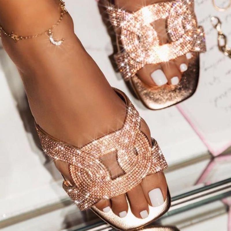 

fvfv] Summer Fashion Rhinestone Slippers Daily Solid Color Flat Sandals Slipper, Black