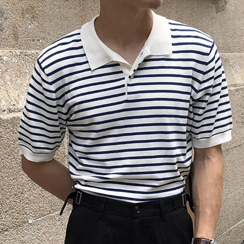 

Pin-black striped men s street polo shirt, high quality, comfortable, classic fashion, daily travel, work party, White;black