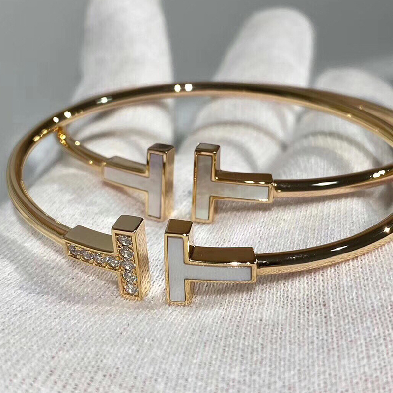 Dupe Ti-ffany Double "T" Wristband White Fritillaria Women's Bracelet 17cm Open Designer Bracelets Silver Adjustment Rose Gold wit-image-740896831
