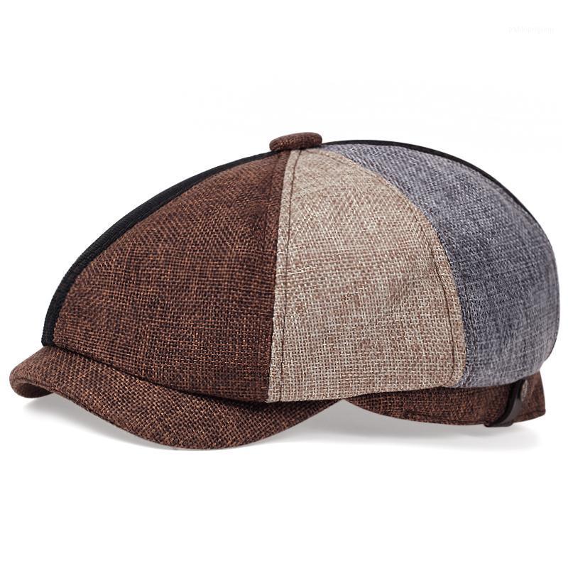 

Berets Retro Sboy Caps Men Spring Autumn Linen Colorful Stitching Beret Hat Woman Vintage Painter Octagonal Hats, Brown