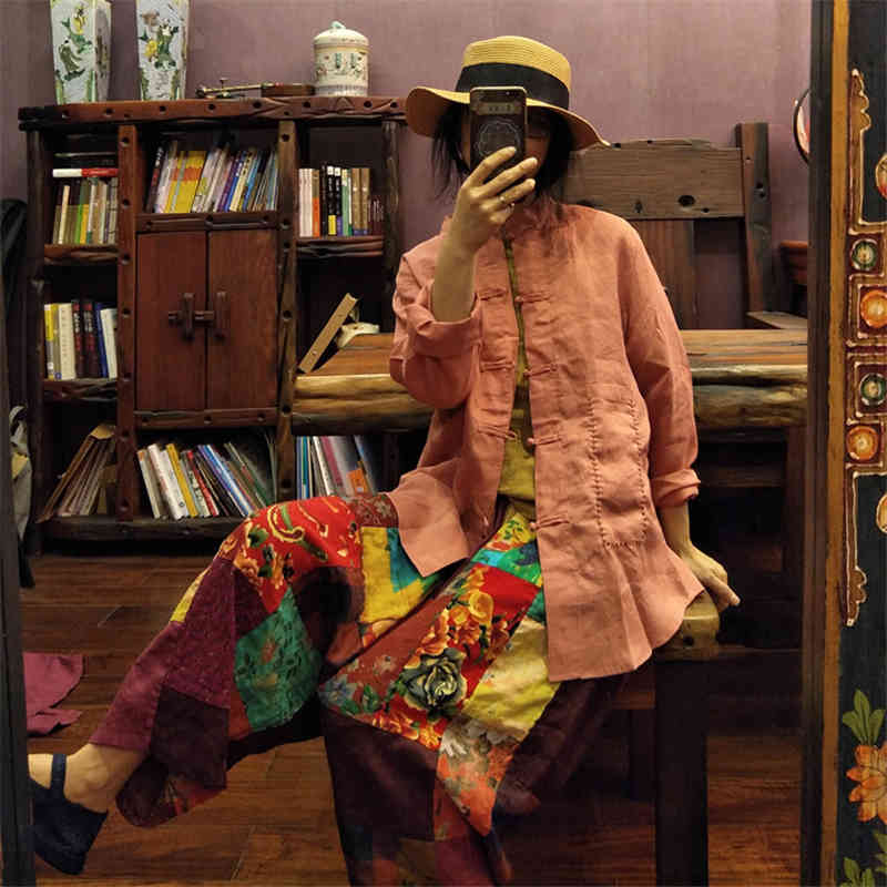 

Johnature Women Linen Embroidery Shirts Stand Long Sleeve Blouses Spring Summer Chinese Style Tops Button Vintage Shirt 210521, Leather pink