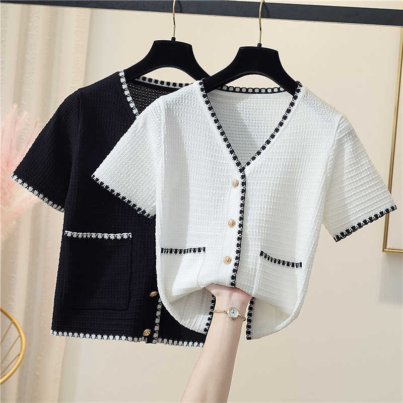 

Women Hollow Out Knitted Short Sleeve Cropped Sweaters Cardigans Lady Single-breasted Summer Thin Sweater Crop Tops Female 210604, White