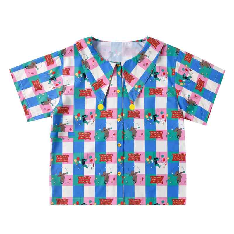 

Harakuju Cartoon Print Single Breasted Casual Shirt Women Summer Short Sleeve Peter Pan Collar Korean Ladeis Top 210526, Photo color