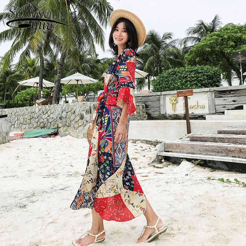 

plsu size print chiffon women dress Bohemian sexy Side split holiday Beach Women summer womens clothing 3298 50 210521, Red