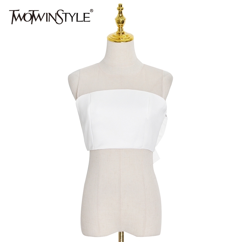 

Sexy Patchwork Bowknot Shirt For Women O Neck Sleeveless Short Slim Tops Female Fashion Clothing Style 210524, Black