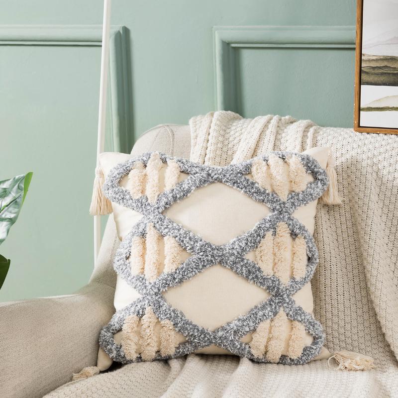 

Cushion/Decorative Pillow Moroccan Cotton Tufted Pillowcase Home Sofa Plus Tassel Cushion Cover Homestay Decorative Beige Pillows