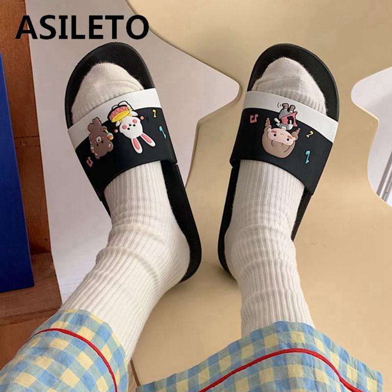 

2021 Women Slippers Couple Open Toe 2.5cm Heels Slip-On Cartoon Bear Stylish Cute Big Size 41 Indoor F1166, Black