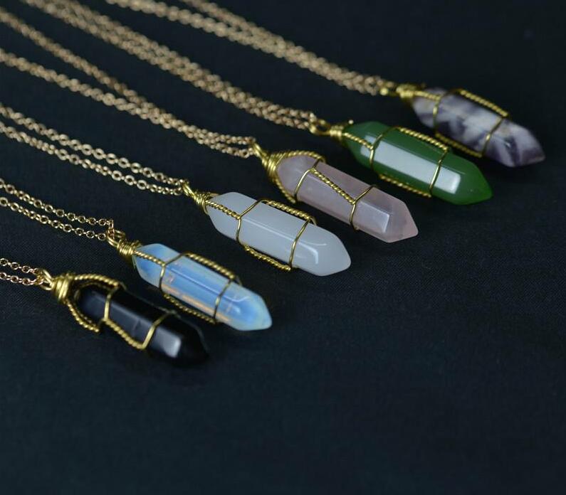 

Hexagon Shape Chakra Natural Stone Healing Point Pendants Necklaces with Gold Chain for Women Jewelry Gift GC301