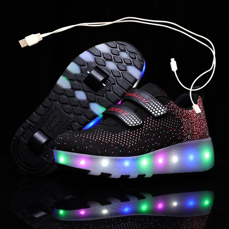 

Children Two Wheels Luminous Glowing Sneakers Black Red Pink Led Light Roller Skate Shoes Kids Boys Girls USB Charging
