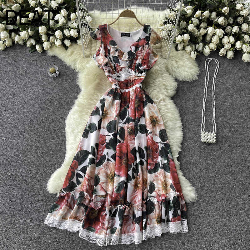 

DEAT Women Printing Ruffles Lace Dress V-neck Sleeveless Arrivals Lady Temperament Fashion Spring Summer 11D613 210709, Color