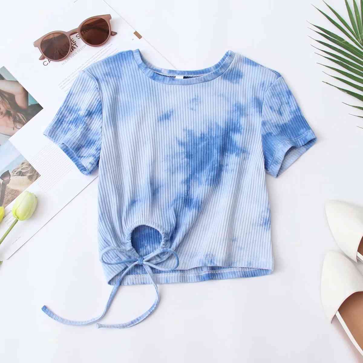 

Women Fashion Tie Dye Drawstring Casual T-Shirt Vintage Round Neck Summer Short Sleeve Blue Bow Elastic Waist Chic Tops 210521