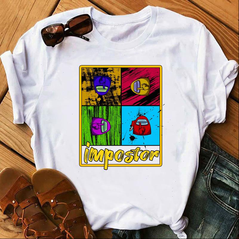 

Women T Shirts Imposter Graphic Tshirts Video Game Among Us Shirt Femme Rainbow Cartoon Print Female Streetwear Tops, White